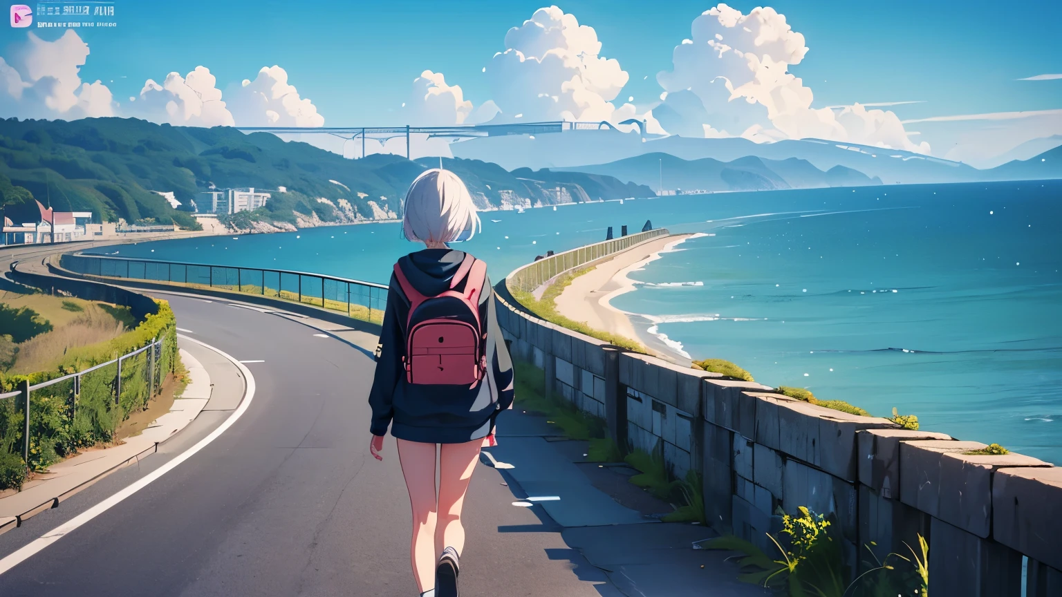 (Excellent: 1.2),(Best Quality: 1.2),(Super Detail: 1.2),(A girl walking alone on a road by the sea, with a hoodie, short white hair, backpack, hip-hop style),(Back of the head, facing backwards, full body view),(Road by the sea, summer sky, cumulonimbus clouds, sea, breakwater),(4k, sad,, Bouwater art style, beautiful digital illustration, beautiful character drawing, stunning anime face portrait, official artwork, LOFI girl, admire the art style, anime atmosphere, mix of anime style and Fujifilm, digital anime illustration, anime wallpaper, 4k, high resolution high quality beautiful realistic sky, sky is the main focus, rear view, rear view scenery is the main focus, scenery is the main focus, emotional lofi old camera film deep 3D)