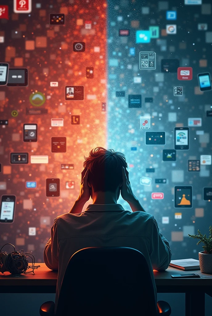 Design a split-screen graphic. On one side, depict a chaotic digital environment with overlapping notifications, flashing screens, and multiple device icons. On the other side, illustrate a person with a stressed expression, perhaps holding their head or sitting amidst clutter. Use contrasting colors to differentiate between the chaotic digital world and the person’s stress.
Color Palette: Bright reds, oranges, and neon colors for the chaotic side, and muted grays or dark blues for the stressed side.