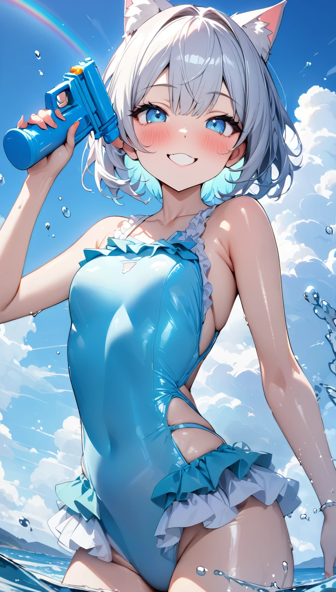 (((最high quality)), ((masterpiece)), (detailed), masterpiece, 最high quality, high quality, 超detailed, Perfect Face, ((One person, blue eyes, Cat ear: 1.3 Silver Bob Hair: 2.5,)) 、Shiny Hair、Glowing Skin、blush、Amorous expression、Coastal、Water Play、holding water pistol、splash、smile、blue sky、A large rainbow shines brightly.、Ruffled one-piece swimsuit、