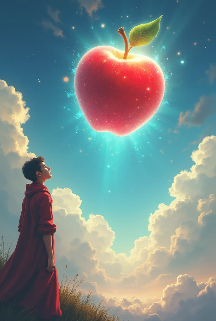 Create a 30 year old adult looking at an apple in the sky, this apple is full of glory, a Goddess apple.
