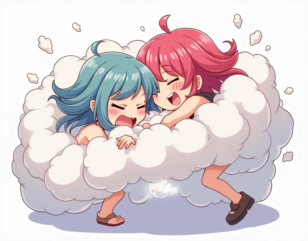 An anime-style illustration depicting girls playfully wrestling with each other inside a comical fight cloud.
each girl has different  colored hair.
their faces,hands,and feet are visible emerging from the cloud as they tussle humorously,  with the rest of their bodies completely hidden inside the cloud.
the illustration emphasizes the humorous and energetic nature of their scuffle,with a fluffy  andexaggerated fight cloud.