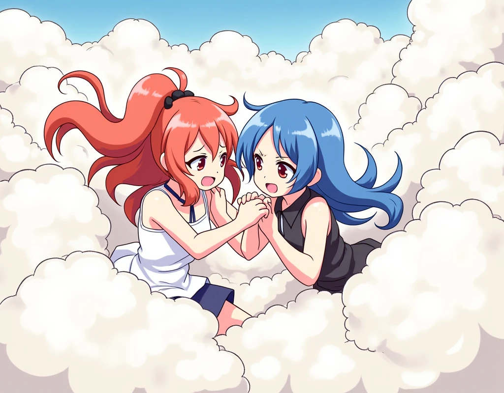 An anime-style illustration depicting girls playfully wrestling with each other inside a comical fight cloud.
each girl has different colored hair.
their faces,hands,and feet are visible emerging from the cloud as they tussle humorously, with the rest of their bodies completely hidden inside the cloud.
the illustration emphasizes the humorous and energetic nature of their scuffle,with a fluffy andexaggerated fight cloud.