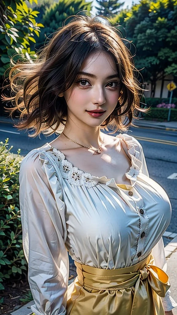 ((Beautiful Face:1.4)), (Purelos Face_v1: 1.0), Half Body,Highest quality, One person, (Skin Hollow), ((Saggy Large Breasts:1.2)), (Day), bright, Background Blur, Outdoor, (street:0.6), (hair:1.5), (blouse:1.5), nice, (hair Float:1.5), Soft Light, Wind, garden, street