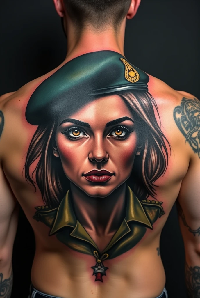 The face of a woman wearing a military beret tattooed on a man's back