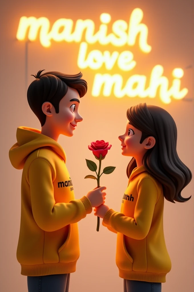 A couple wearing the yellow color of hoody and " Manish" is written on the boy's hoody and "Mahi " is written on the girl's hoody the boy is giving a beautiful Rose Flower to his girlfriend and Manish love Mahi is written on the light glow wall text chocolate behind, 3D illustration.