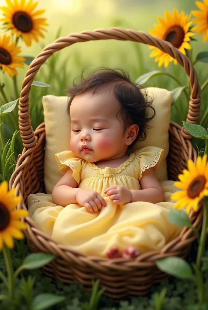 Create hd real pinay baby girl 1 years old wearing princess yellow lay down in the basket with arounding sunflowers and grass 