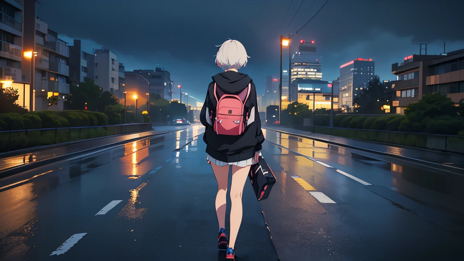 (Excellent: 1.2),(Best Quality: 1.2),(Super Detail: 1.2),(Single girl walking on city road, hoodie, short white hair, backpack, hip hop style),(Back of head, facing backwards, full body view),(Rainy road, night, skyscrapers, downtown, moonlit night),(4k, sad, bouwater art style, beautiful digital illustration, beautiful character drawing, stunning anime face portrait, official artwork, lofi girl, admire the art style, anime atmosphere, mix of anime style and fujifilm, digital anime illustration, anime wallpaper, 4k, high resolution high quality beautiful realistic sky, sky is the main focus, rear view, rear view scenery is the main focus, scenery is the main focus, emotional lofi old camera film deep 3d)