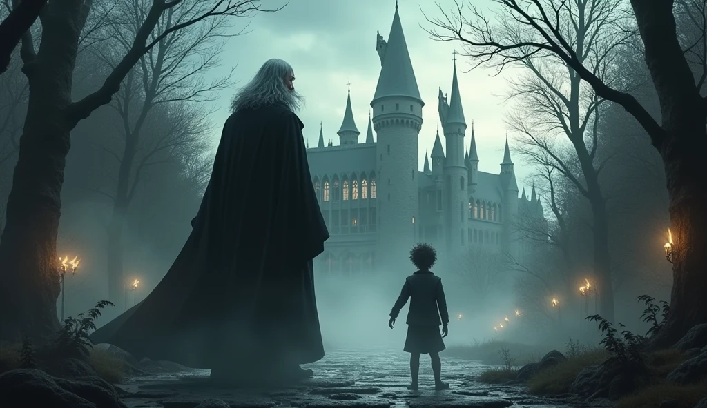 A magical world of Hogwarts in background Dumbledore and harry potter shadows