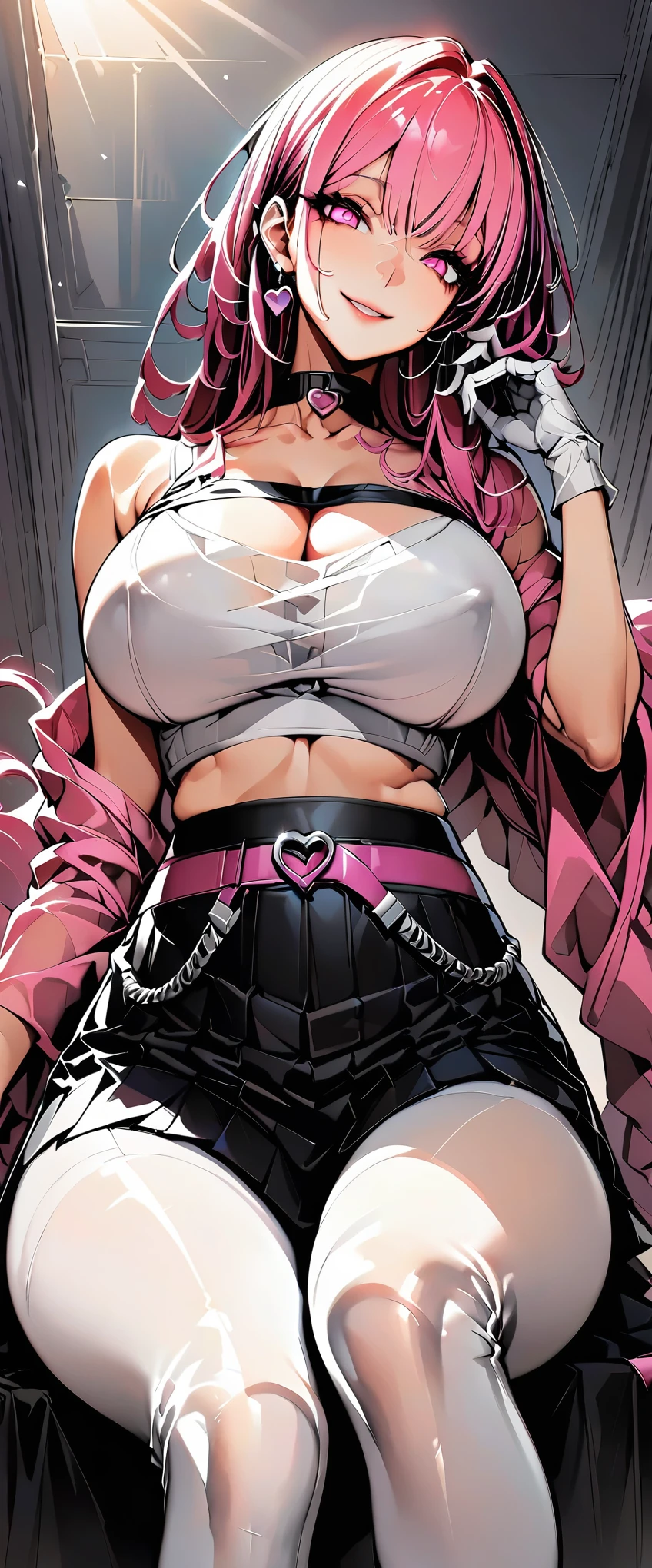 (best quality:1.24, Very detailed, Exquisite and beautiful CG art, Detailed illustration, High contrast, masterpiece:1.2, best quality, Best aesthetics), Miss, Pink long hair, Double tail, Beautiful breasts, dancer, (Pink eyes, beautiful eyes), Smile, Light background , heart choker, (Pop Art), rich and colorful, Shining eyes, Hip-hop costumes, Cropped tops, earphone, look up, Hip-hop style, Dance Floor.Very beautiful girl, see through,Beautiful face、Beautiful Skin、Radiant Skin, bright, Fresh and gentle appearance, Perfect beautiful face、Beautiful shiny bangs, Huge Breasts,bud丝连衣裙,see through,,(((Miss性感透明内衣,Shiny tights,Smooth and silky clothing,Pruning combination,bud,belt,pajamas))),,Superbly detailed eyes,sit down,Purple long hair,Show your legs,Camel toe