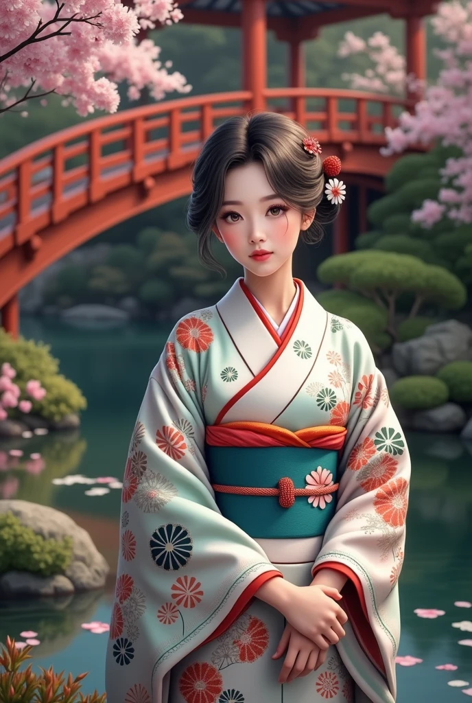 (masterpiece、Highest quality、8k、High resolution)、Traditional Japanese beauty in kimono、Floral pattern on white background、Vibrant colors、Japanese garden、There is a pond、Colorful flowers、Vibrant colors、Cherry Blossom、There is a drum bridge、A complete portrayal、Detailed anime art、
