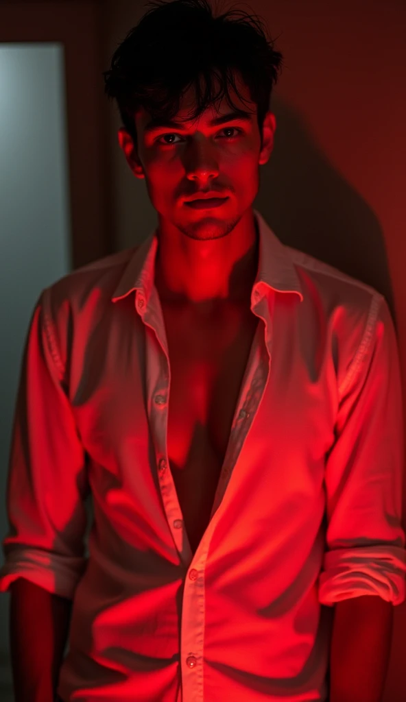 young European man, with short black hair , red eyes , smirking, dressed in a unbuttoned shirt, normal slim body figure ,slowly undressing , red , lighting , red eyes, red highlights on body , 8k