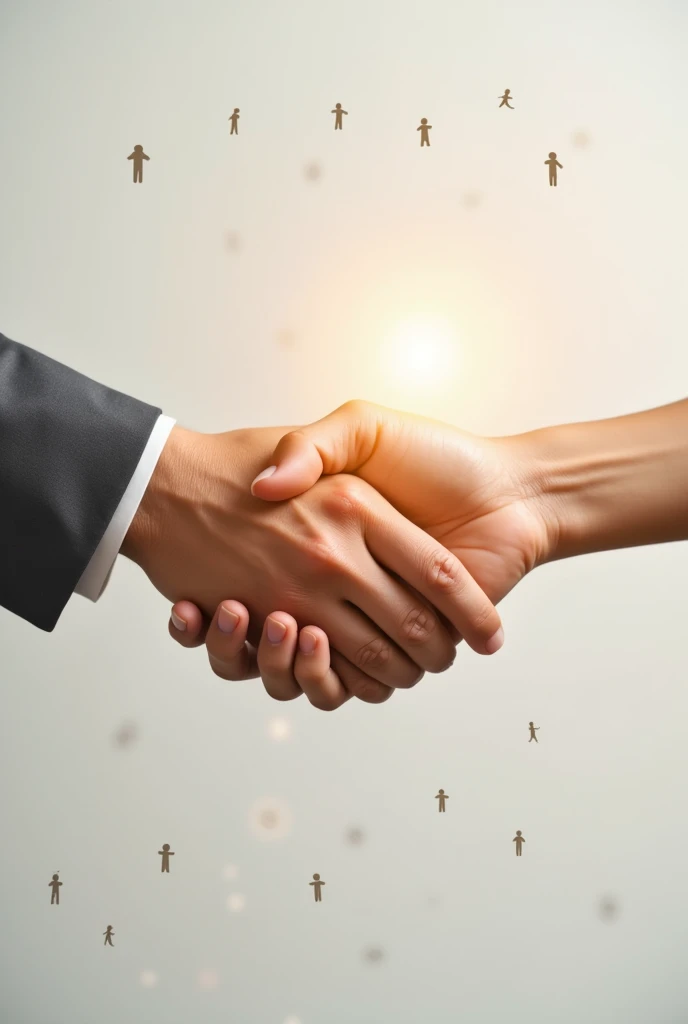 Close-up of two hands in a hug against a light, minimalist background. One hand symbolizes the HR company, the other - the candidate or client. You can add subtle graphic elements such as lines or icons related to people to emphasize the humanitarian and compassionate aspect