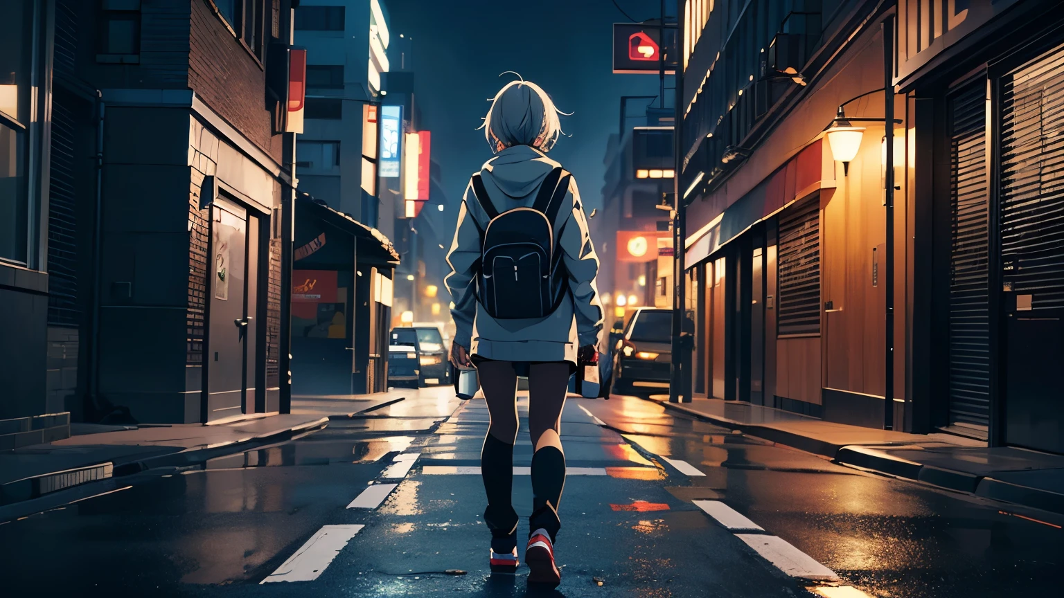 (Excellent: 1.2),(Best Quality: 1.2),(Super Detail: 1.2),(A girl walking alone on a city sidewalk, wearing a hoodie, short grey hair, with a backpack, hip hop style),(Back of the head, facing backwards, full body view),(Rain-soaked road, night, skyscrapers, downtown, moonlit night),(4k, sad, bouwwater art style, beautiful digital illustration, beautiful character drawing, stunning anime face portrait, official artwork, lofi girl, admire the art style, anime atmosphere, mix of anime style and fujifilm, digital anime illustration, anime wallpaper, 4k, high resolution high quality beautiful realistic sky, sky is the main focus, rear view, rear view scenery is the main focus, scenery is the main focus, emotional lofi old camera film deep 3d)