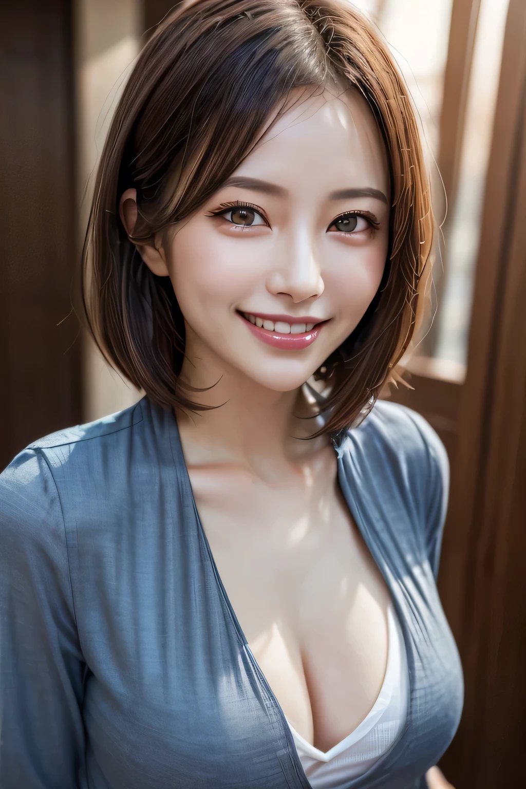 (highest quality, 8k, 32K, masterpiece), (Realistic), (Realistic:1.2), (High resolution), (night:1.7), Japan, cyber punk, 街の景Farbe, In front of the window,Wooden floor, Blue jacket, Grey Shirt, clavicle, jewelry, gem, Brunette Bob, 1 female, 45 years old, (Grin), Beautiful body, beautifulNose, beautifulcharacter design, Perfect Eyes, perfectface, Expressive eyes, View your audience, Center the image, (Cowboy Shot), Official Art, Very detailed CG Unity 8k wallpaper, Perfect lighting,Farbeful, bright_front_face_Lighting,Glowing Skin, (masterpiece:1.0),(Highest_quality:1.0), 超High resolution,4K,Very detailed, photograph, 8k, High resolution, High resolution, absurdes:1.2, Kodak Port 400, Film Grain, Blurred Background, bokeh:1.2, Lens flare, (Vibrant_Farbe:1.2) (beautiful,chest), (beautiful_face:1.5),(narrow_Waist)