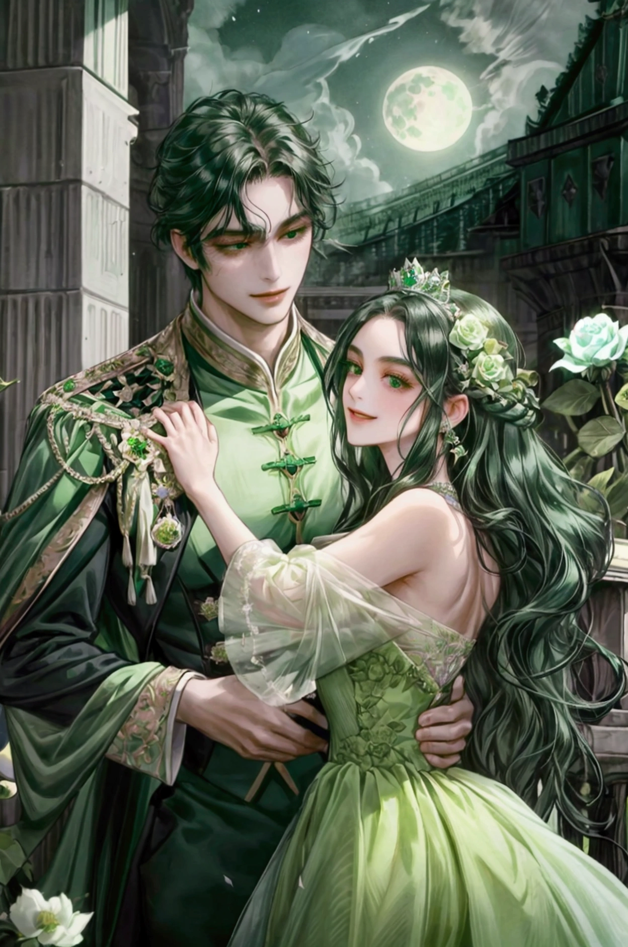 1woman, green gown, smile, black eyes, black long wavy hair, dancing pose, under the moon, detailed face, detailed eyes, detailed hand and body, accurate, masterpiece, best quality, flower bloom, royal palace, green rose royal carriage, green rose flower bloom garden