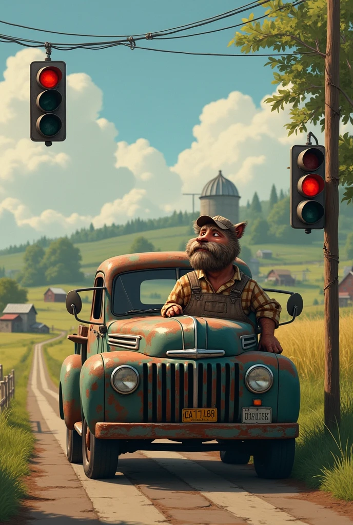 A farm truck with a human and his dog waiting at the animated traffic light 