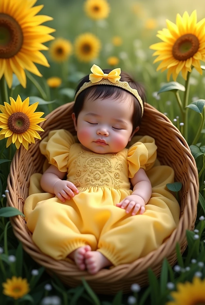 Create hd real pinay baby girl 1 years old wearing princess yellow lay down in the basket with arounding sunflowers and grass 