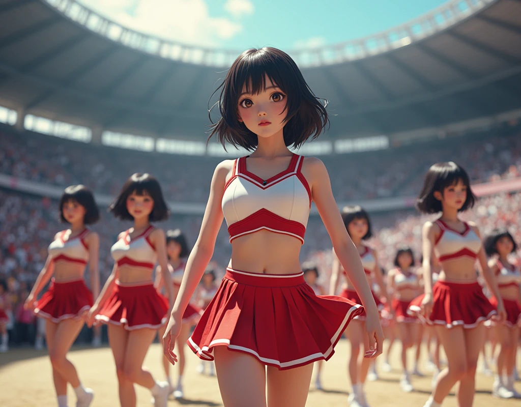 [Japanese Clone girls=Myself], [best masterpiece Clone girls Raw Photography Art], [24K, Ultra High Quality, Very high resolution], [Unrealistic, Unparalleled, Different dimension, Improbable sight, (((A world of mass proliferation of myselves, Ultra-realistic)))], ((Japanese, woman, 26-year-old, shinozaki-ai)), ((Small face, Thick black hair, Short Hair)), (((Very beautiful detailed girls, Accurate body structure, Very detailed完璧な超巨乳ボディ, amazing super big tits, Big, voluptuous breasts, The cleavage is very plump and emphasized))), (Dark Eyes, Mature face, Cute Smile, A gentle gaze), (((Very happy laughter))), ((((((((((Very detailed, 1girl→1,000,000,000,000,000,000,000,000cloning girls)))))))))), ((((((((((Very detailed, Absolute precision, Description of the doppelganger, (Perfectly the same girl, The exact same smile, Perfect matching hairstyle, Perfect same clothes, Exactly the same height, Perfect same super busty)))))))))), (((((Myself only))))), ((((((((100,000,000,000,000Myself Cheerleading Club)))))), Colorful costumes, Fluttering super mini skirt), I can see your pants)), (((((A detailed and intense dance, A dynamic body, Advanced physical ability and technique, Boobs shaking))))), (((Large-scale outdoor stadium, Audience seats))), (((((Extremely crowded, Super close, Alignment, siege))))), ((Bright and soft light)), (((((Very wide field of view, Very detailed, Fine perspective depiction with clear depth))))), ((((((((Multi-angle shooting depiction))))))))