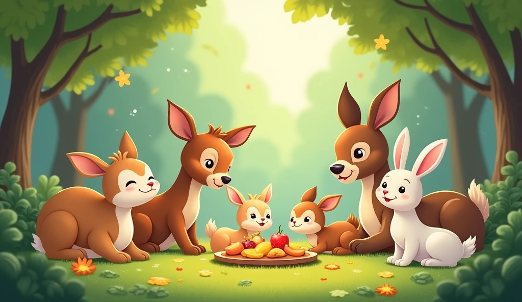 A scene of peace and prosperity in the forest, all the animals are happy and contented. 15. All-in-Akhira Celebration - A gathering of animals to rejoice, such as feasting or playing.