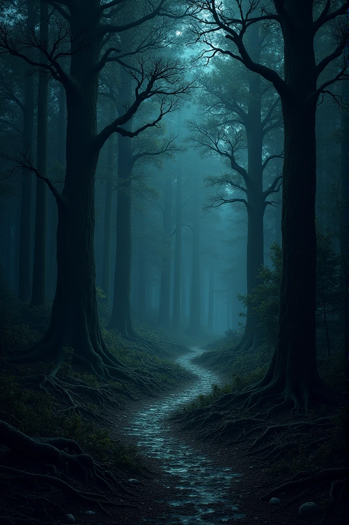 A dense, dark forest at night with tall trees and a narrow, winding path leading deeper into the woods