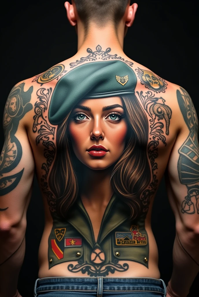 The face of a young woman wearing a military beret tattooed on a man&#39;s back alongside other military-related tattoos