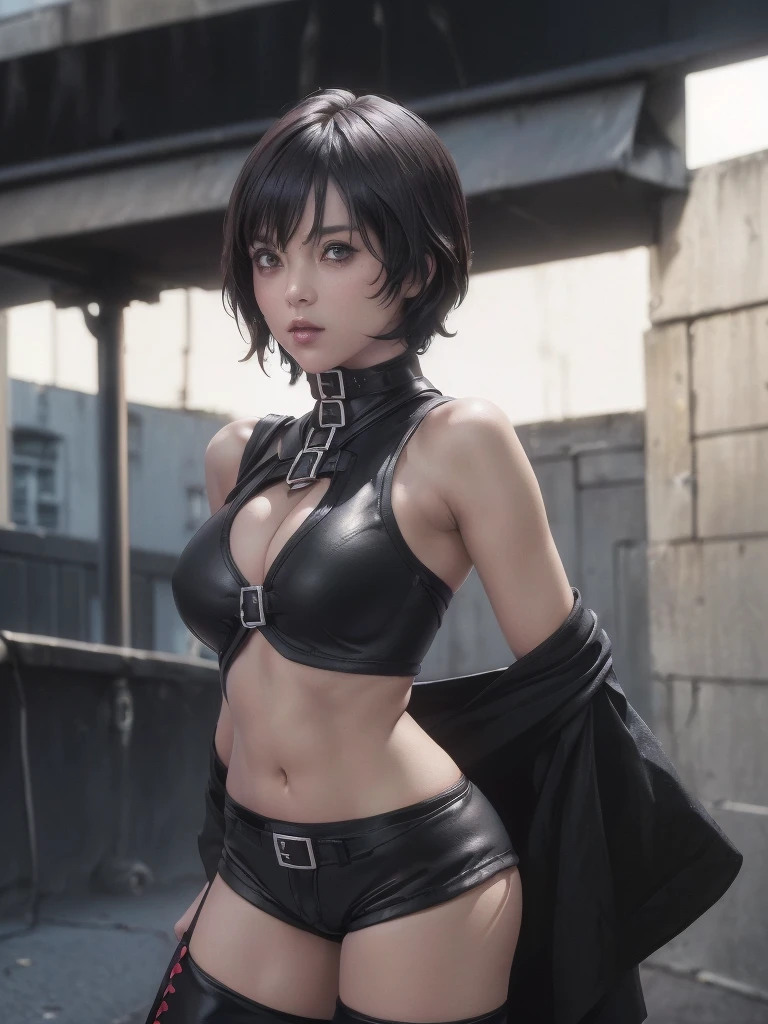 ((No hair:1.2, Short Bob:1.2, Skinhead)), ((High resolution)), ((Highest quality)), detailed, ((Glowing Skin)), ((Black Bondage:1.2, Short black hot pants:1.4)), Bare Chest:1.5, Exposed breasts:1.2, Big Breasts:1.4, Voluptuous bust:1.4, Bare belly:1.4, exposed navel:1.2, (See the front-facing camera:1.5、Posing for ID photo:1.5)、(No pause 1.5, Standing still:1.4), ((background:On the streets of the city:1.4))