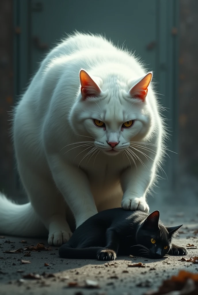 a strong white cat, stepping on an injured black cat