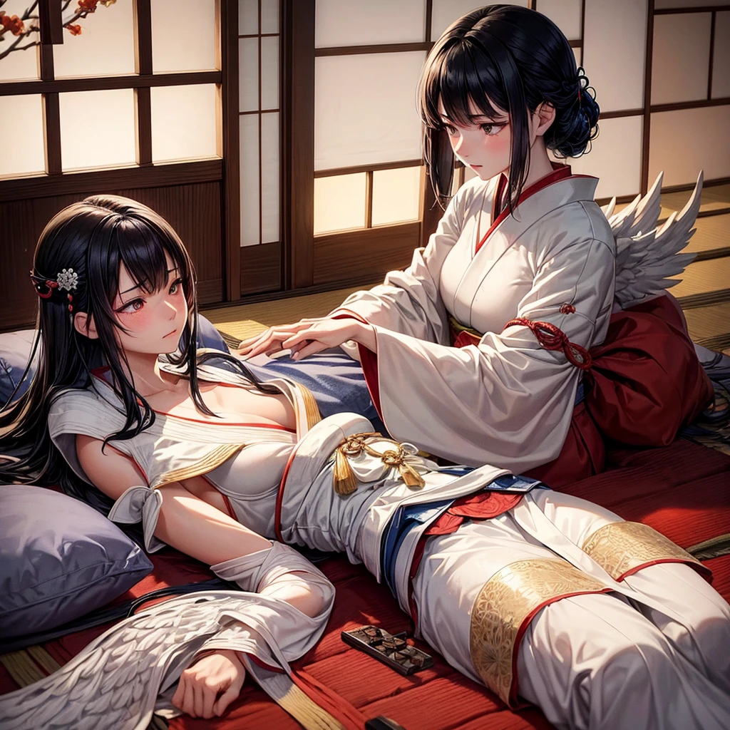 In a traditional Japanese room with wooden shoji screens and paper doors, a samurai warrior lies on a futon, covered in bandages that reveal the intensity of the battle she fought. Her black hair falls loose on the pillow, and her face shows signs of exhaustion, yet still radiates stunning beauty. Beside her, a delicate young woman with snow-white hair and dressed in a white kimono with intricate phoenix embroidery, tends to her with devotion. Her soft and gentle hands change the bandages, while her face shows deep concern and love. The soft, warm light of the room highlights the connection between them, in a scene of tenderness and love amidst battle and pain.
