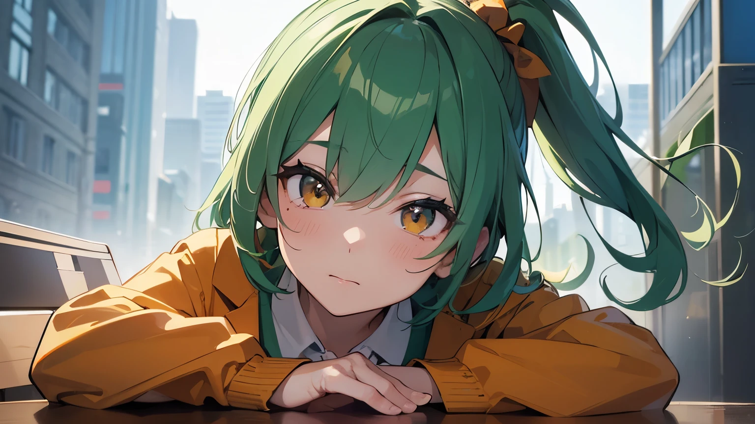 One person, , UHigh resolution, retina, masterpiece, Accurate, Anatomically correct, Textured skin, Super Detail, Attention to detail, high quality, Awards, 最high quality, High resolution, High resolution, 4K,(anime,8k,masterpiece, 最high quality, 最high quality,beautifully、aesthetic:1.2,Professional illustrations:1.1,Super detailed:1.3,Perfect lighting),Very detailed,Most detailed,Incredibly absurd,High resolution,Super detaileded,Complex:1.6, Cute pose,Green Hair,Orange jacket,White collar shirt,Looking up at the grey sky,Sideways pose