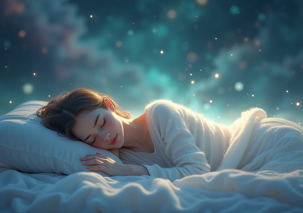 there is a woman sleeping in a bed with a pillow, noite sonhadora, noite calma. digital illustration, .. se eu pudesse dormir, night with starry sky, night under the starry sky, Bons sonhos, noite coberta de estrelas, realidade repleta de sonhos, noites estreladas, sonhando com um lugar distante, dreaming of outer space, durma com amor, boa noite