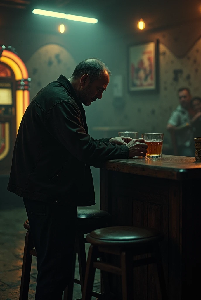A man drinking alcohol, crying, feeling sad, standing alone in a bar.