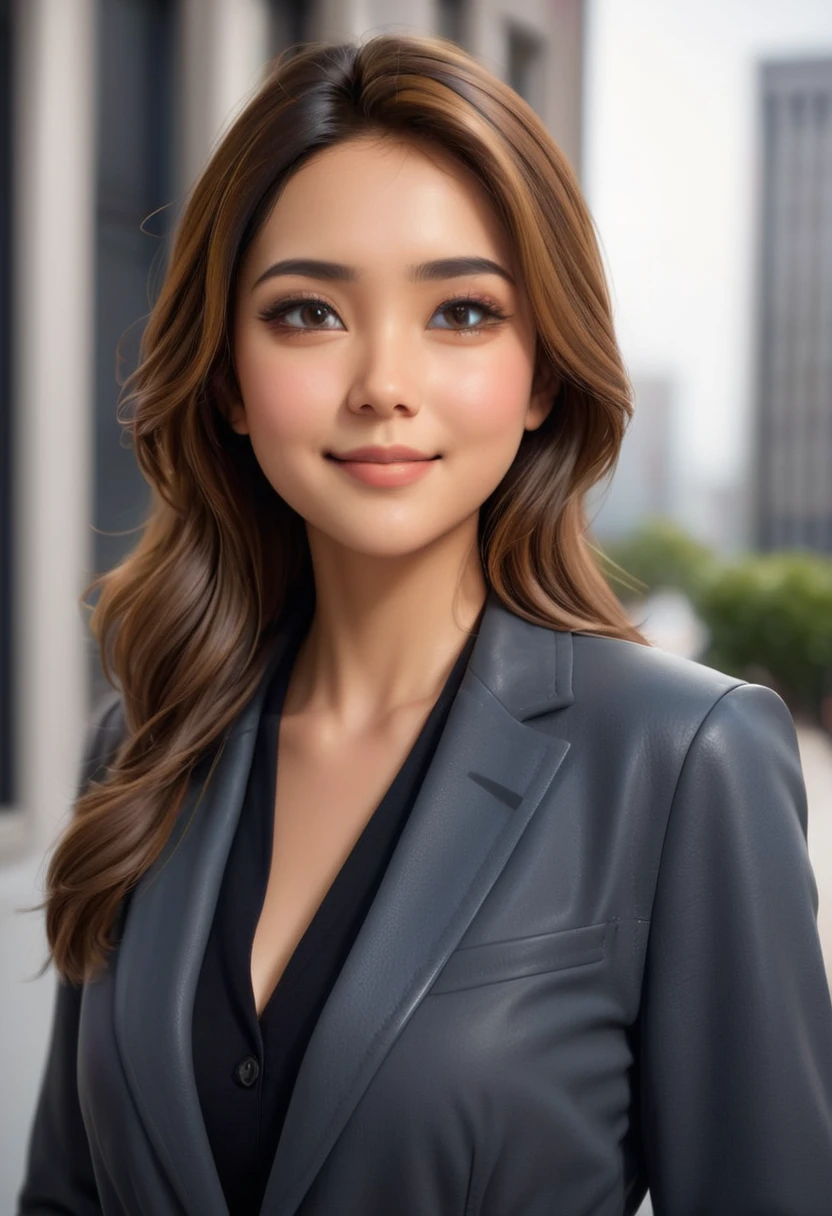 Create cartoonish caricature 3D animation with a big head. a 19 year old Indonesian woman. She has short, black pixie-cut hair. Her face is oval-shaped with smooth lines, thick and neat black eyebrows, normal eyes, a small pointed nose, and thin lips with a wide, friendly smile. She is wearing a light grey leather jacket over a white t-shirt. Gradient blue background with professional lighting. masterpiece, top quality, skin and face very detailed, ultra-realistic, high definition, studio lighting, sharp focus, body angle 2/3, Concept Art, 3D render.
