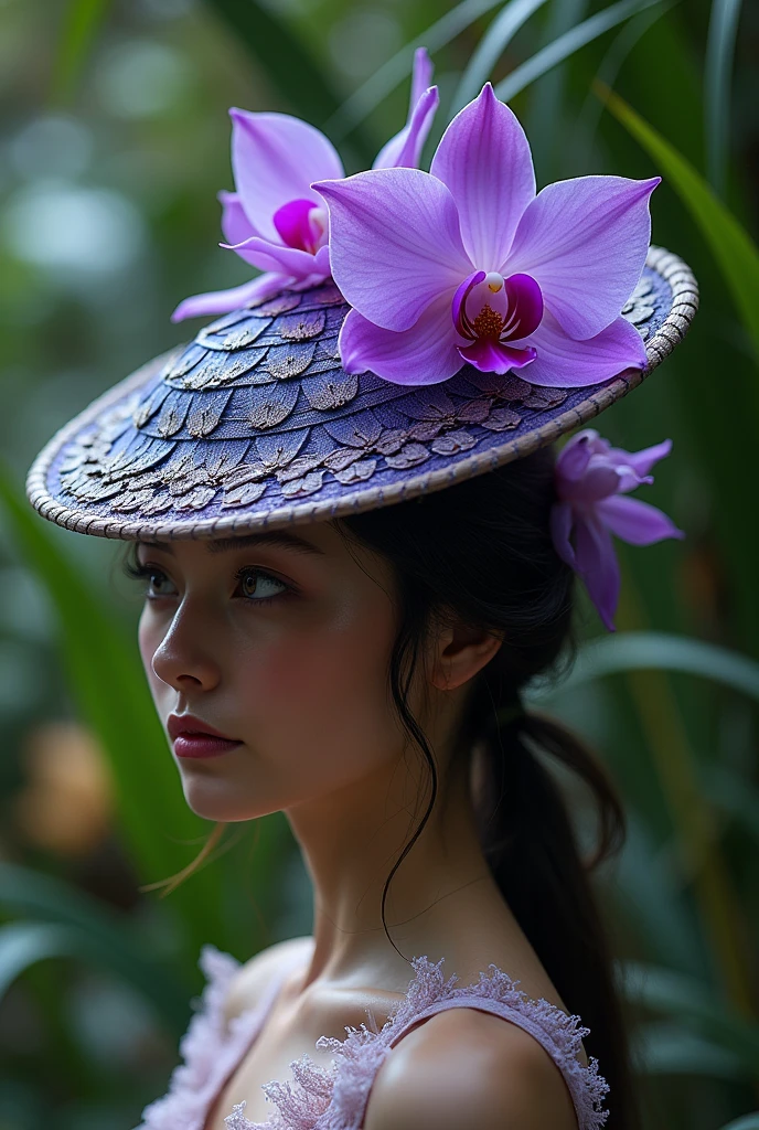 Make blue purple orchid flower inspired weaving hat design using orchid flowers sepal on the hat and specially show the sepal on hat with unque style