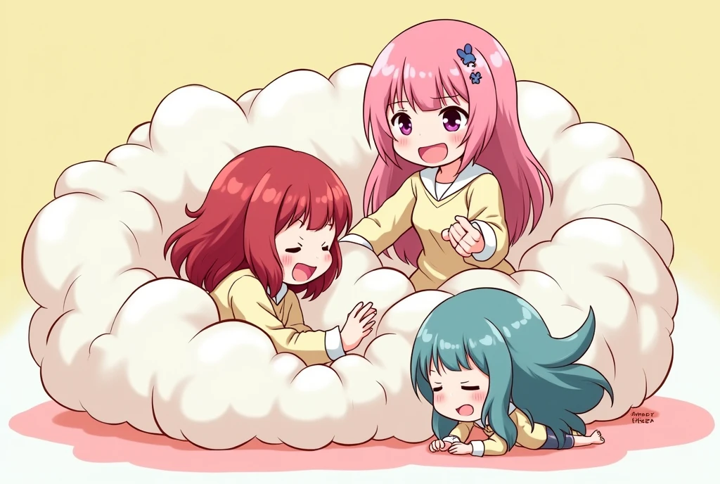 An anime-style illustration depicting ladies playfully wrestling with each other inside a comical fight cloud.
each lady has different  colored hair.
their faces,hands,and feet are visible emerging from the cloud as they tussle humorously,  with the rest of their bodies completely hidden inside the cloud.
the illustration emphasizes the humorous and energetic nature of their scuffle,with a fluffy  andexaggerated fight cloud.