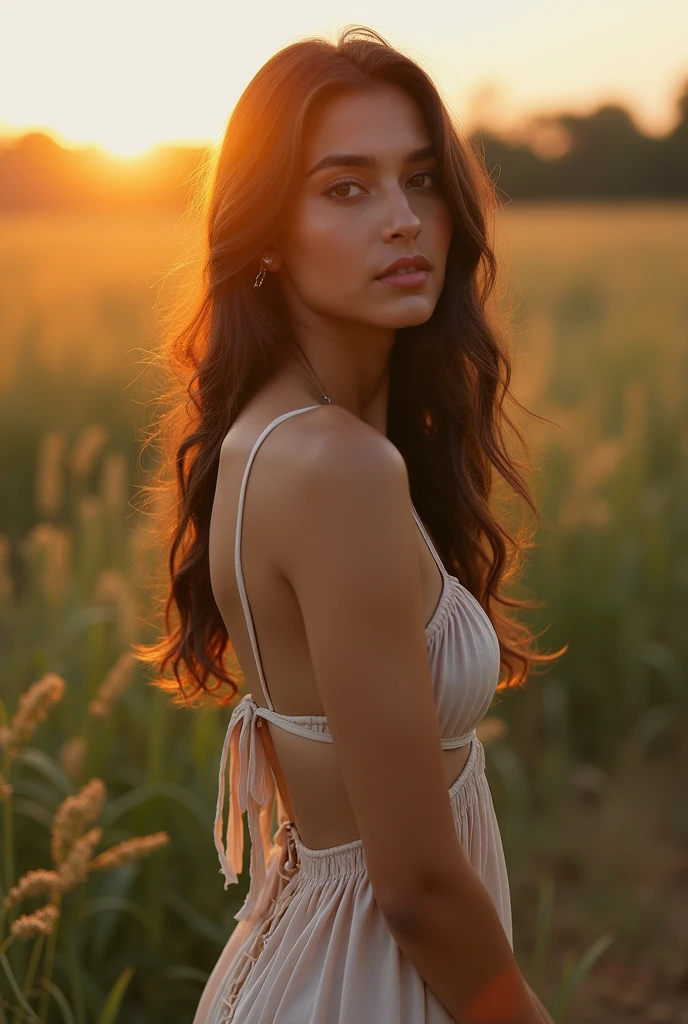 Full body portrait of a beautiful and Vritika Negi, a 21-year-old Kumaoni Hindu sexy young girl, She is Swedish and wears a Skim dress, She is 18, Large eyes, large lips, small nose, summer evening, Looks like Christina Hendricks, Photograph taken with Canon EOS R3