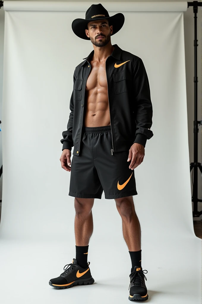 make a nike persona, I need him to be from the west, is that he is wearing Nike all over his body and in the background it is a photo studio