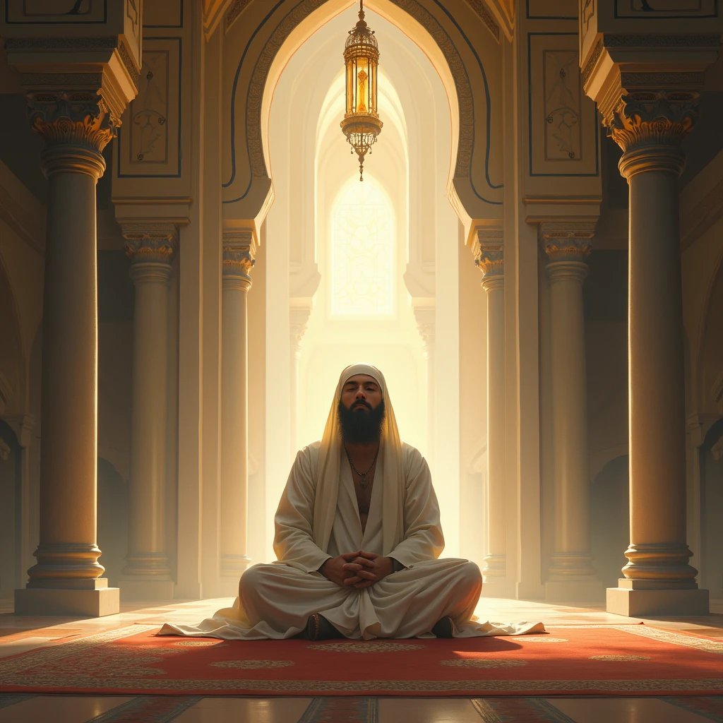 Allah wala is sitting in peace in the mosque, a spiritual light around him.