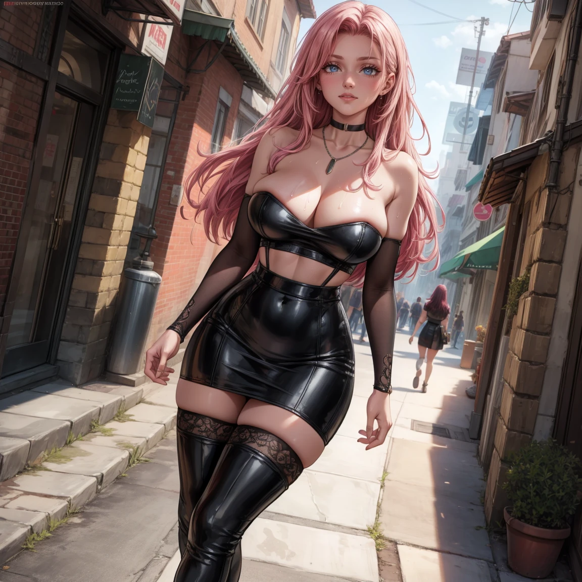Masterpiece, beautiful art, 8k, art style by sciamano240, very detailed face, detailed hair, detailed clothes, detailed fabric, 1girl, beautiful face, long hair, hot pink hair , model head shot, facing camera, very detailed green eyes, sultry smile, wearing classy fall clothes, white tube top, black dior thigh boots, black pencil skirt, walking , out shopping, necklace, chocker, rosey cheeks, sunny fall setting, full body view, photorealistic, indirect lighting, volumetric light, ray tracing, hyper-detailed, best quality, ultra-high resolution, HDR, (8k, Best Quality, Masterpiece:1.2), Ultra Detail, RAW Photo, Super Resolution, Professional Photo, Extremely Detailed and Beautiful, lot of drool, sweat, belly inflation