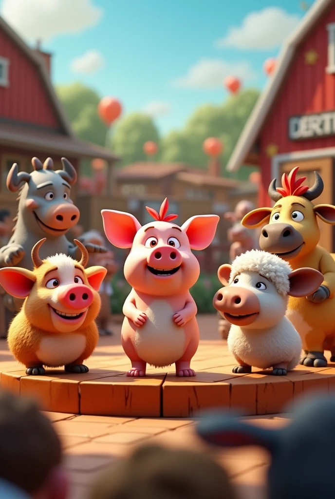 Animated animals on a stage competing for the best farm animal sound 