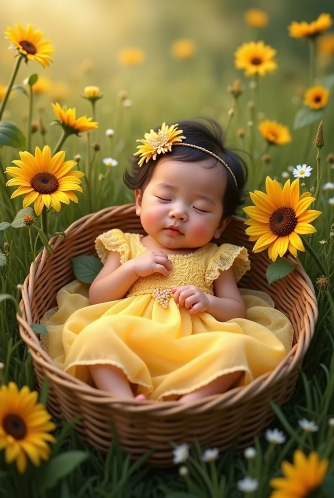 Create hd real pinay baby girl wearing princess yellow lay down in the basket with arounding sunflowers and grass