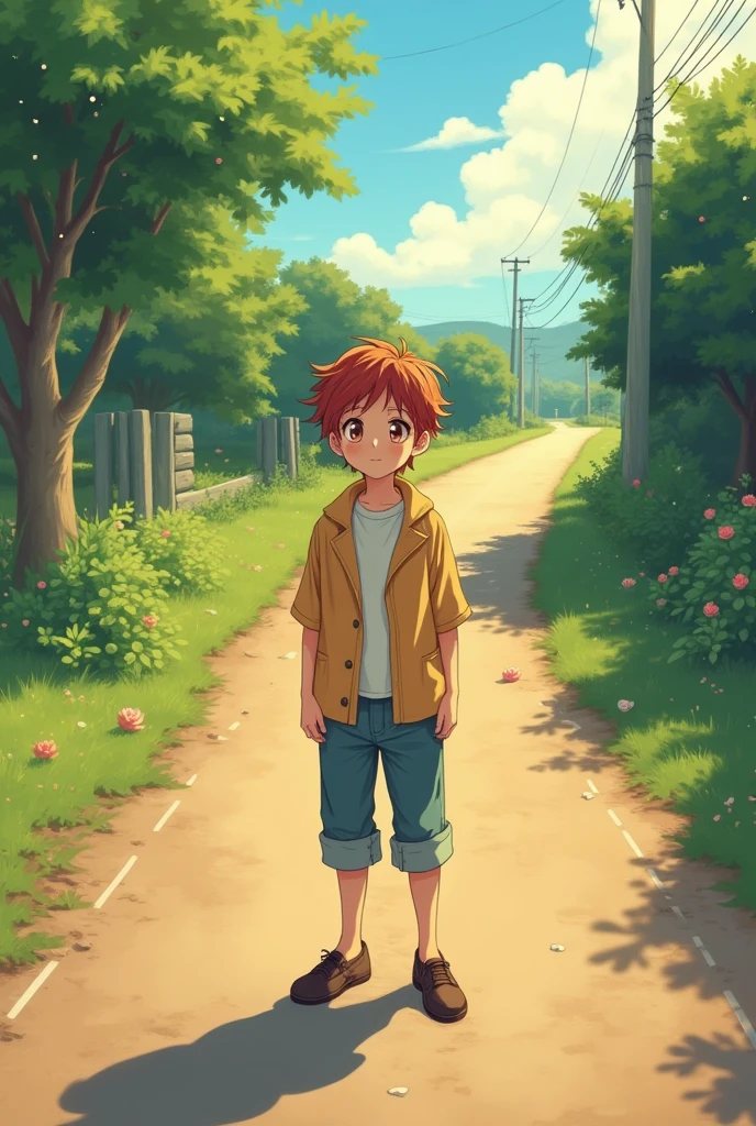 A 17 year old cute anime boy is standing in a road