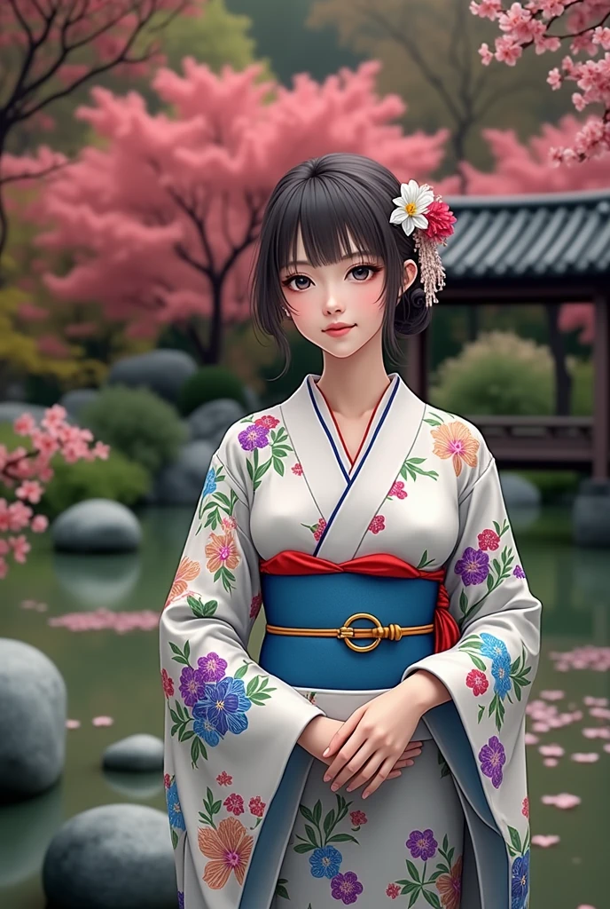 (masterpiece、Highest quality、8k、High resolution)、Traditional Japanese beauty in kimono、Floral pattern on white background、Vibrant colors、Japanese garden、There is a pond、Colorful flowers、Vibrant colors、Cherry Blossom、There is a drum bridge、A complete portrayal、Detailed anime art、