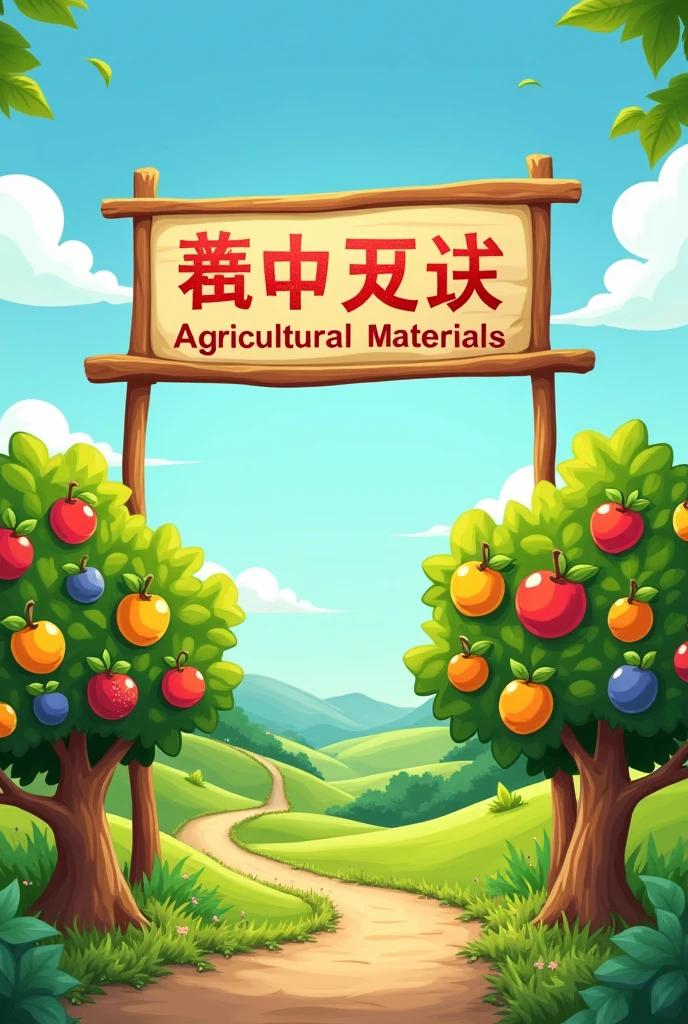 A cartoon background about agriculture，There are fruit trees，There is a sign &quot;Longsen Agricultural Materials&quot; above the picture.，Below the picture is the slogan “Promote the development of green agriculture，Healthy Agriculture