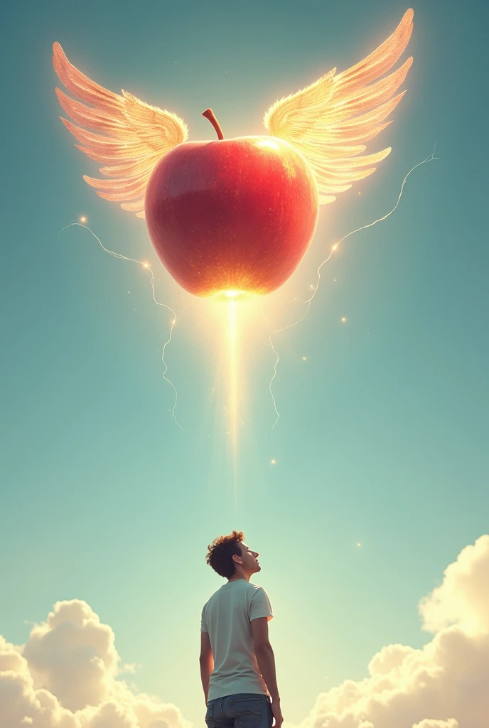 Create an adult 30 year old t-shirt and jeans looking at an apple in the sky, this apple is full of glory with wings, a Goddess apple.