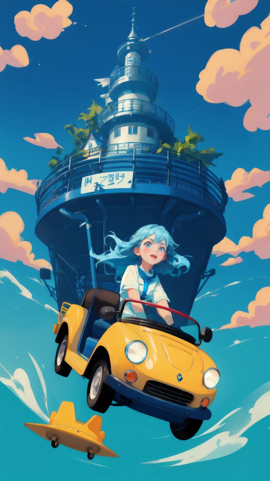 Create an image featuring a cute girl with wide, expressive eyes, riding a roller coaster against a vibrant blue background. Replace the frog with the girl, who is gripping the safety bar of the red roller coaster car labeled 'Stablecoin.' The car is racing along the tracks of the roller coaster, with her expression showing a mix of excitement and slight worry, reflecting the ups and downs of the ride. The background includes abstract elements like swirling leaves and a towering structure, all set against the dominant blue theme to enhance the overall dynamic and adventurous atmosphere."