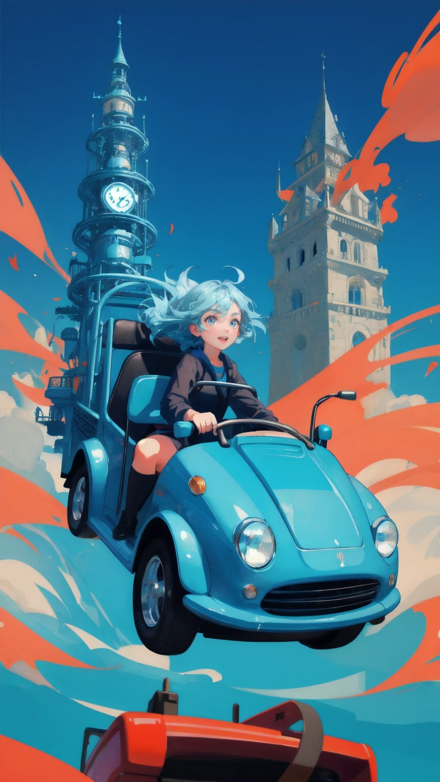Create an image featuring a cute girl with wide, expressive eyes, riding a roller coaster against a vibrant blue background. Replace the frog with the girl, who is gripping the safety bar of the red roller coaster car labeled 'Stablecoin.' The car is racing along the tracks of the roller coaster, with her expression showing a mix of excitement and slight worry, reflecting the ups and downs of the ride. The background includes abstract elements like swirling leaves and a towering structure, all set against the dominant blue theme to enhance the overall dynamic and adventurous atmosphere."