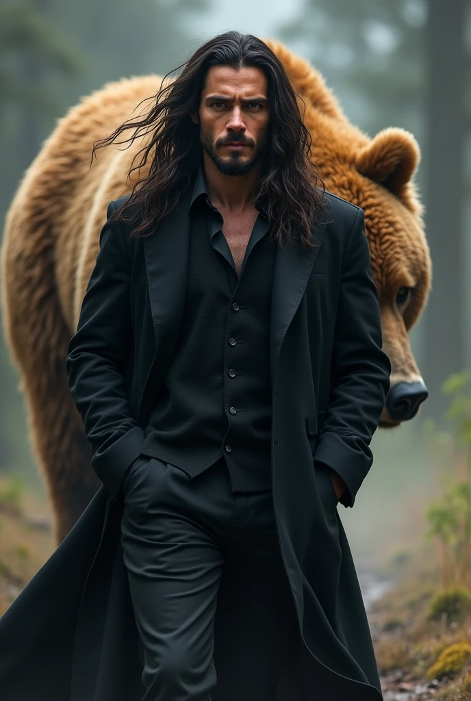 man resembling Can Yaman, long hair and strong look, in a flowing black coat walking with his hands in his pockets, with a huge brown bear behind him