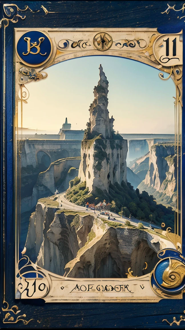 Highest quality、masterpiece、タロットcard、Balance scale、(Morgan Greer Tarot:1.2)、Retro art style、Thick outline、English text、Roman numerals、card、(Fit the frame properly:1.2)、(タロットcard風の枠:1.5)、((Cliffs of Medieval Europe:1.5))