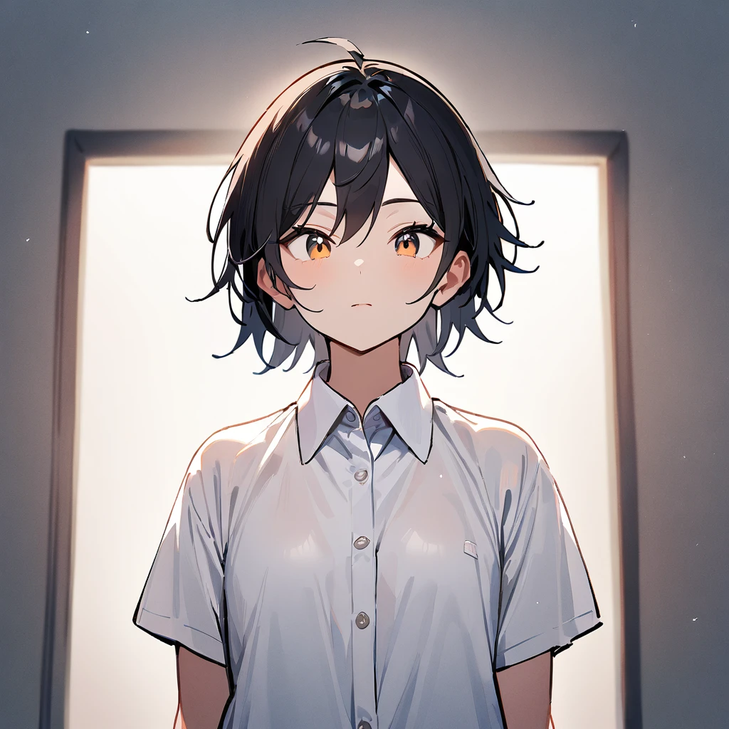 1girl,Solo,tomboy,blackhair,masterpiece,Shiny hair,White button collared_shirt,front View