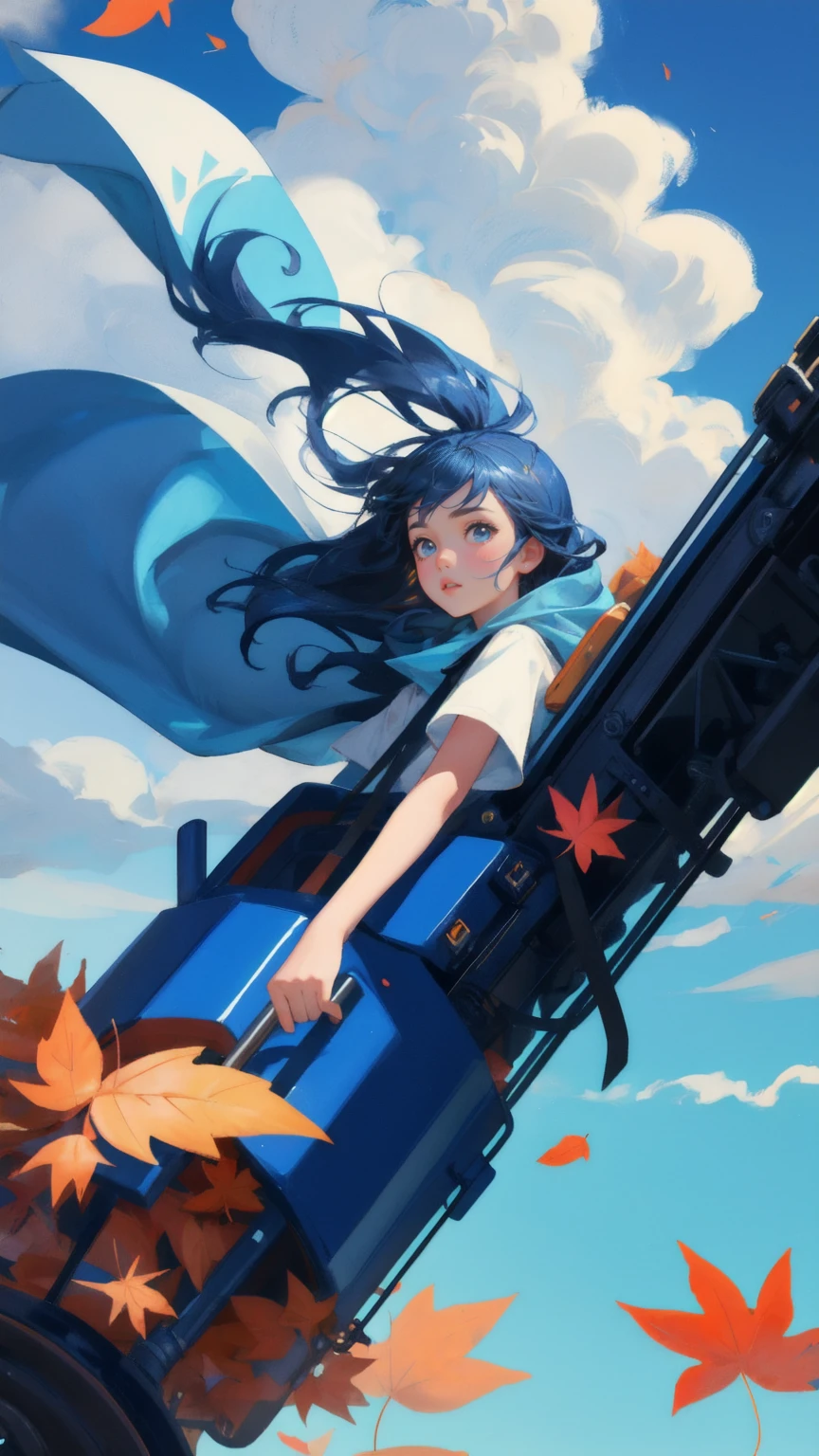 Illustrate a scene where a cute girl is riding a roller coaster with a dramatic blue sky as the background. The girl, replacing the character in the original image, should have an expression of mixed excitement and apprehension, as she holds onto the safety bar in the 'Stablecoin' car. The roller coaster tracks wind through the air, with gusts of wind and falling leaves enhancing the sense of motion. The background should be predominantly blue, with abstract shapes and structures blending into the scene, reflecting the volatility and thrill of the ride."